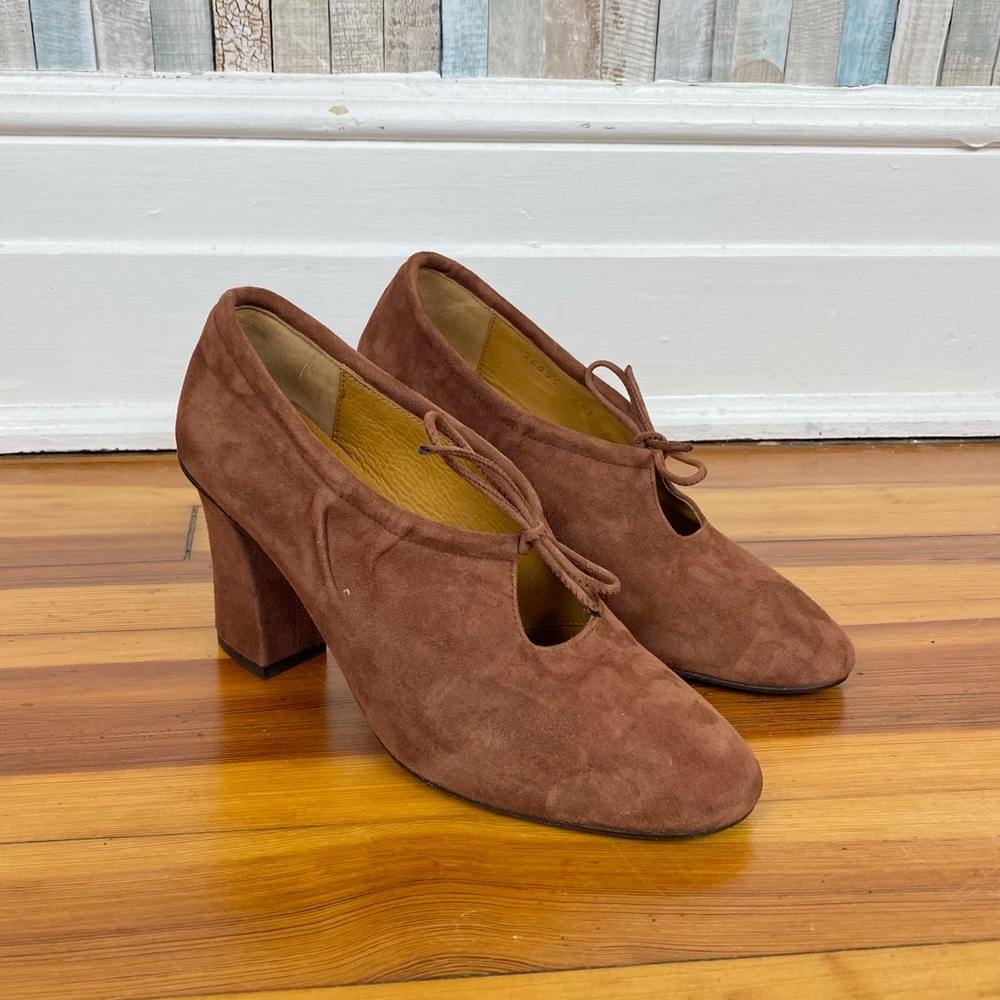 Coclico 37.5 7 7.5 Suede Brown Tie Front‎ Architectural Pump Block Heel